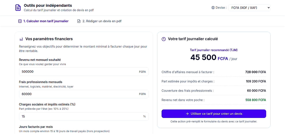 Calculateur de tarif journalier et  générateur de divis - Aperçu 2