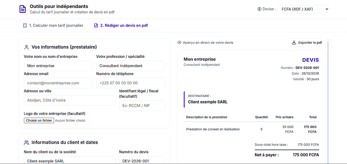 Calculateur de tarif journalier et générateur de devis en ligne - Aperçu 2